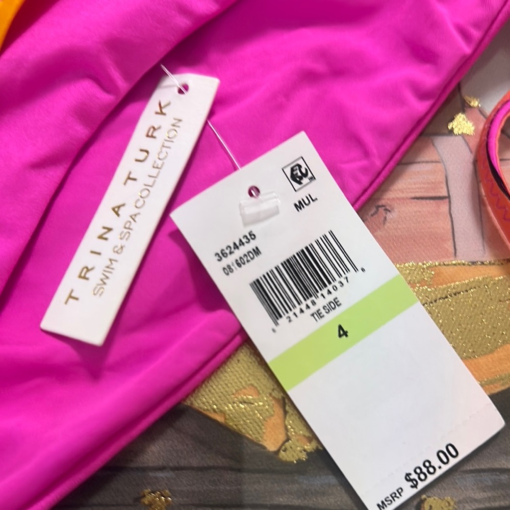 Trina Turk Vivid Vista Layered Tie Side Pink and Orange Bikini Bottom Size 4 NWT - Picture 4 of 11